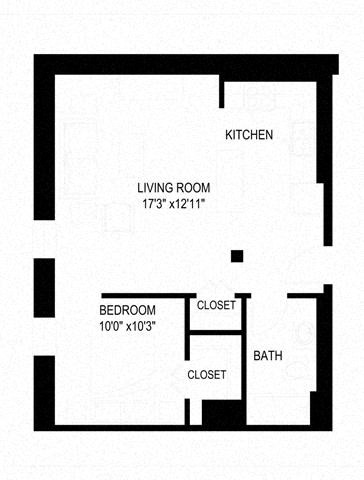Floor plan for 1 bed, 1 bath, 588 sqft