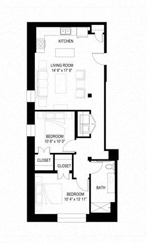 Floor plan for 2 beds, 1 bath, 579 sqft