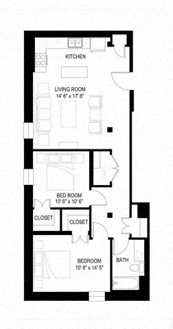 Floor plan for 2 beds, 1 bath, 924 sqft