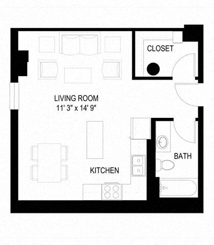 Floor plan for studio, 1 bath, 498 sqft