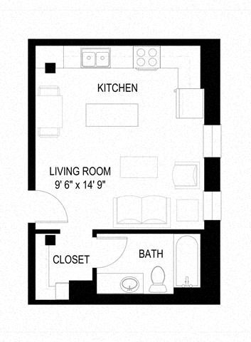 Floor plan for studio, 1 bath, 376 sqft