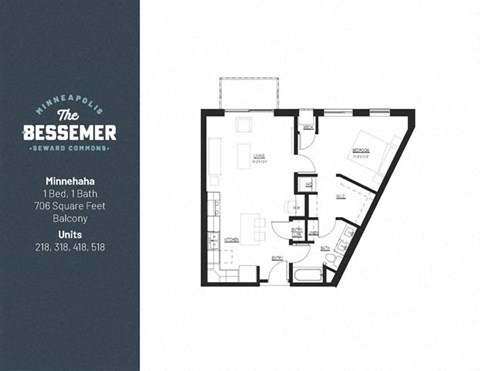 Floor plan for 1 bed, 1 bath, 706 sqft