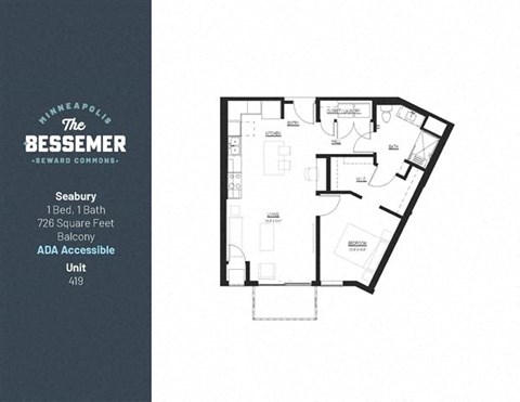 Floor plan for 1 bed, 1 bath, 726 sqft