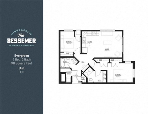 Floor plan for 2 beds, 2 baths, 911 sqft