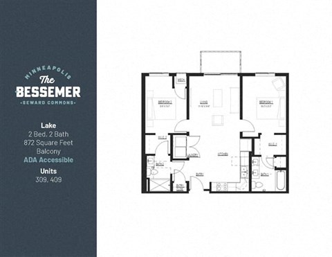 Floor plan for 2 beds, 2 baths, 872 sqft