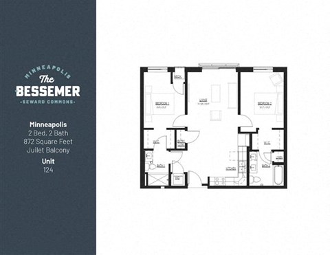 Floor plan for 2 beds, 2 baths, 872 sqft
