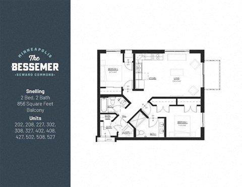 Floor plan for 2 beds, 2 baths, 856 sqft