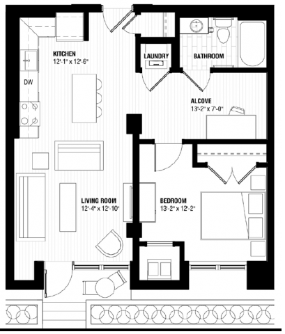 Floor plan for 1 bed, 1 bath, 681 sqft