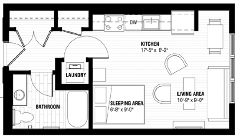 Floor plan for studio, 1 bath, 424 sqft