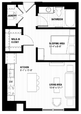 Floor plan for 1 bed, 1 bath, 531 sqft
