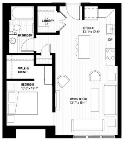 Floor plan for 1 bed, 1 bath, 662 sqft
