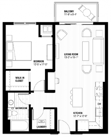 Floor plan for 1 bed, 1 bath, 734 sqft