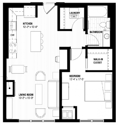 Floor plan for 1 bed, 1 bath, 734 sqft