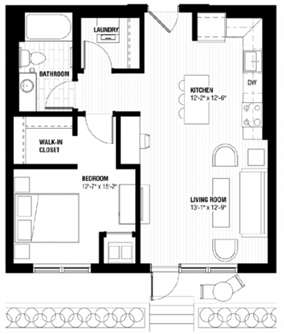 Floor plan for 1 bed, 1 bath, 674 sqft