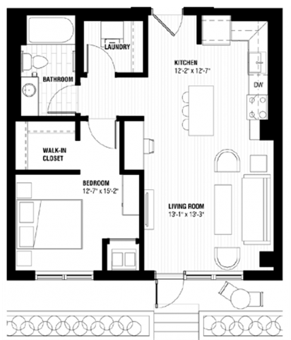 Floor plan for 1 bed, 1 bath, 668 sqft