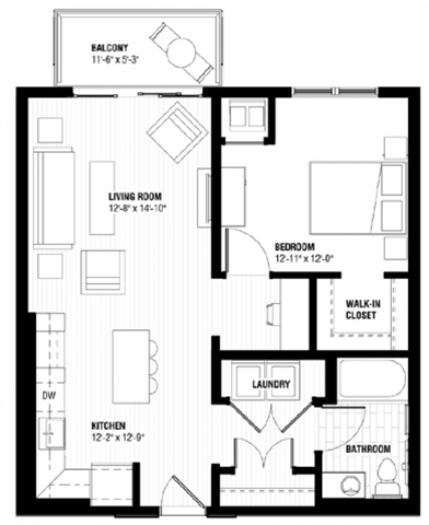 Floor plan for 1 bed, 1 bath, 732 sqft