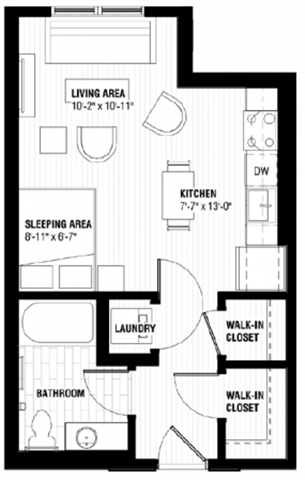 Floor plan for studio, 1 bath, 446 sqft