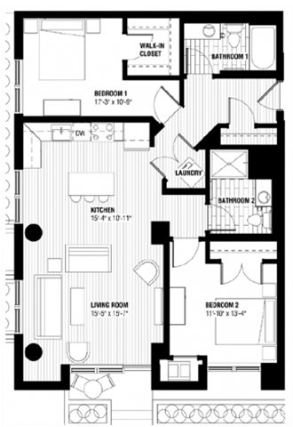 Floor plan for 2 beds, 2 baths, 1052 sqft