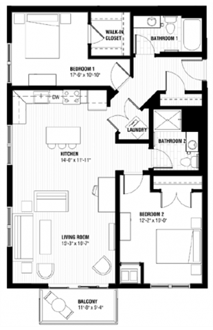 Floor plan for 2 beds, 2 baths, 1117 sqft