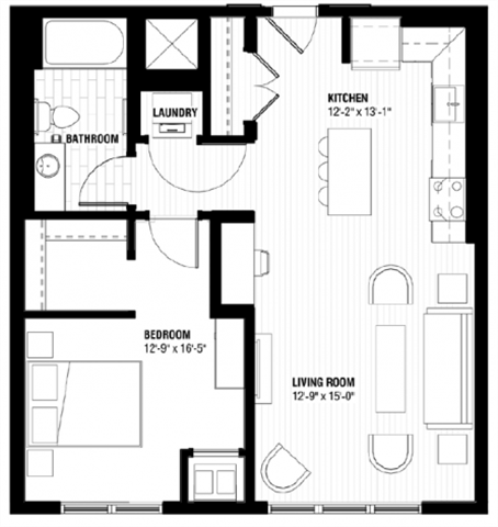 Floor plan for 1 bed, 1 bath, 717 sqft