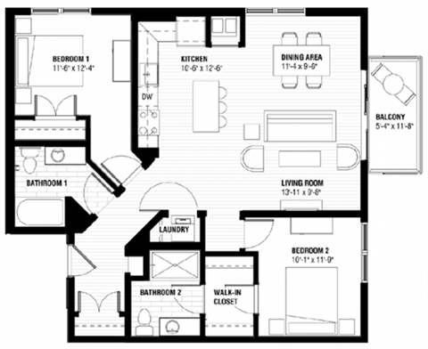 Floor plan for 2 beds, 2 baths, 1007 sqft