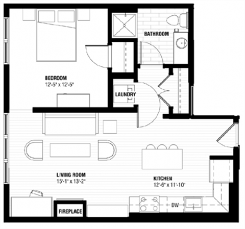 Floor plan for 1 bed, 1 bath, 656 sqft