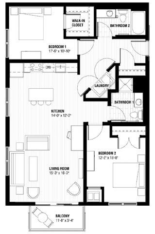 Floor plan for 2 beds, 2 baths, 1113 sqft