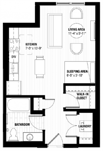 Floor plan for studio, 1 bath, 481 sqft