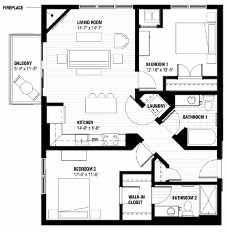 Floor plan for 2 beds, 2 baths, 969 sqft