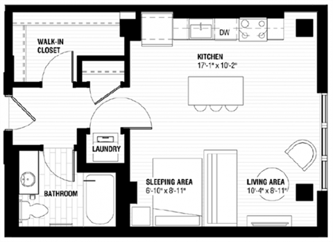 Floor plan for studio, 1 bath, 436 sqft