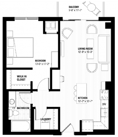 Floor plan for 1 bed, 1 bath, 720 sqft