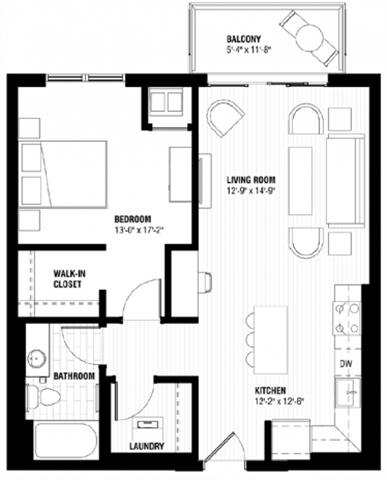 Floor plan for 1 bed, 1 bath, 720 sqft
