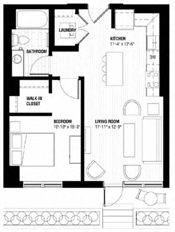 Floor plan for 1 bed, 1 bath, 592 sqft