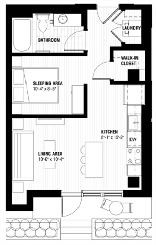 Floor plan for 1 bed, 1 bath, 492 sqft
