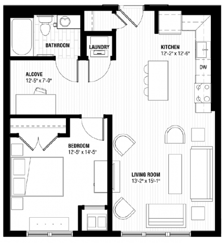 Floor plan for 1 bed, 1 bath, 734 sqft