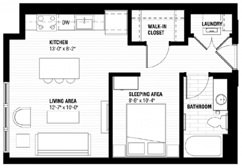 Floor plan for 1 bed, 1 bath, 516 sqft