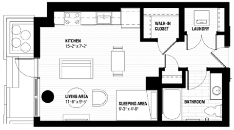 Floor plan for studio, 1 bath, 464 sqft