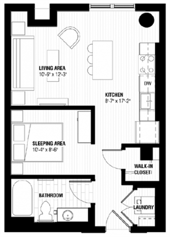Floor plan for 1 bed, 1 bath, 518 sqft