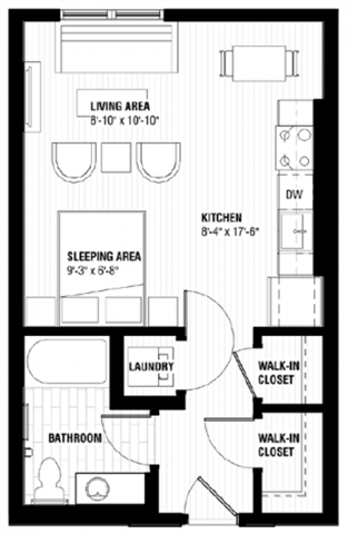 Floor plan for studio, 1 bath, 481 sqft