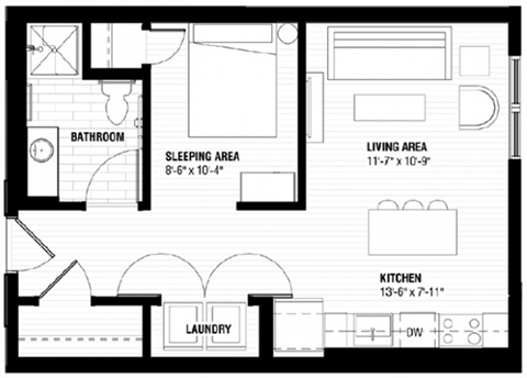 Floor plan for 1 bed, 1 bath, 538 sqft