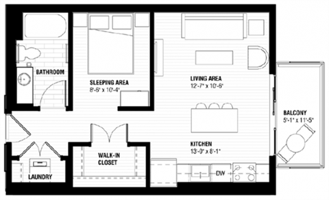 Floor plan for 1 bed, 1 bath, 537 sqft