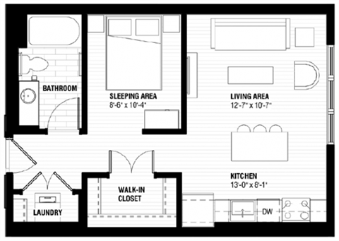 Floor plan for 1 bed, 1 bath, 538 sqft