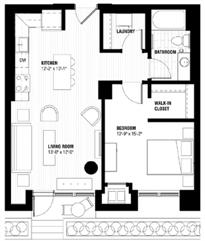 Floor plan for 1 bed, 1 bath, 684 sqft