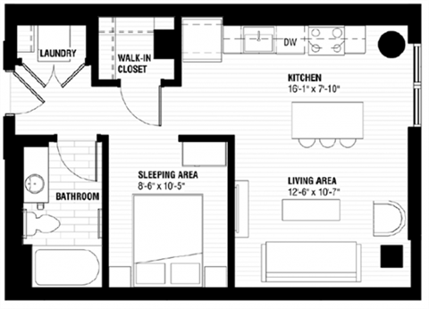 Floor plan for 1 bed, 1 bath, 684 sqft