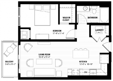 Floor plan for 1 bed, 1 bath, 647 sqft