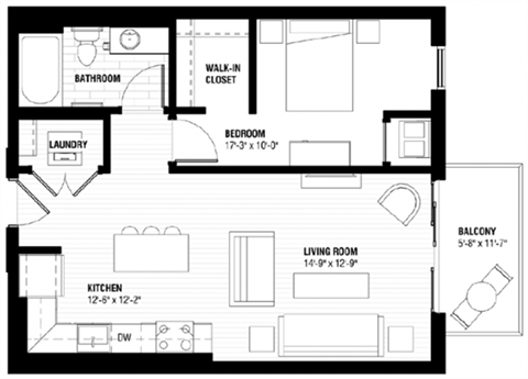 Floor plan for 1 bed, 1 bath, 640 sqft
