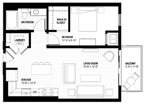 Floor plan for 1 bed, 1 bath, 649 sqft
