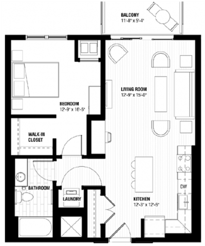 Floor plan for 1 bed, 1 bath, 717 sqft