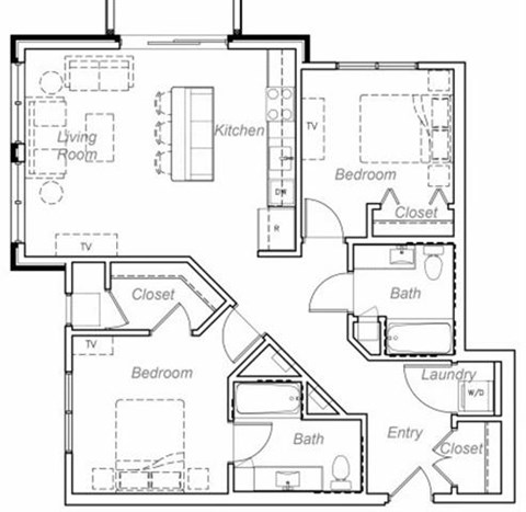 Floor plan for 2 beds, 2 baths, 1057 sqft