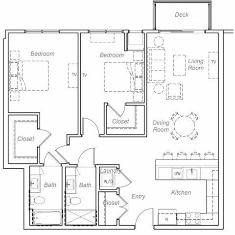 Floor plan for 2 beds, 2 baths, 1151 sqft